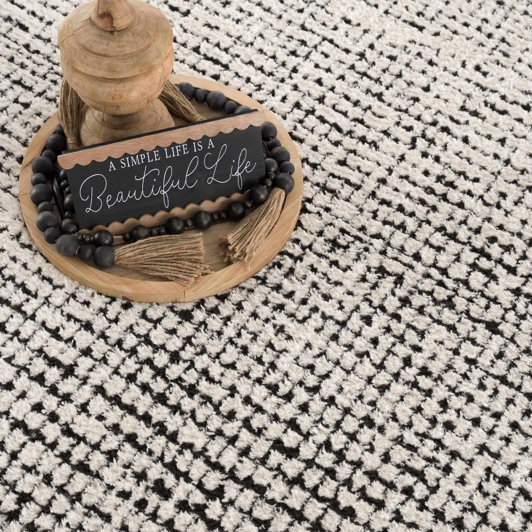 Keita Cream & Black Grid Plush Rug - Ornate Home
