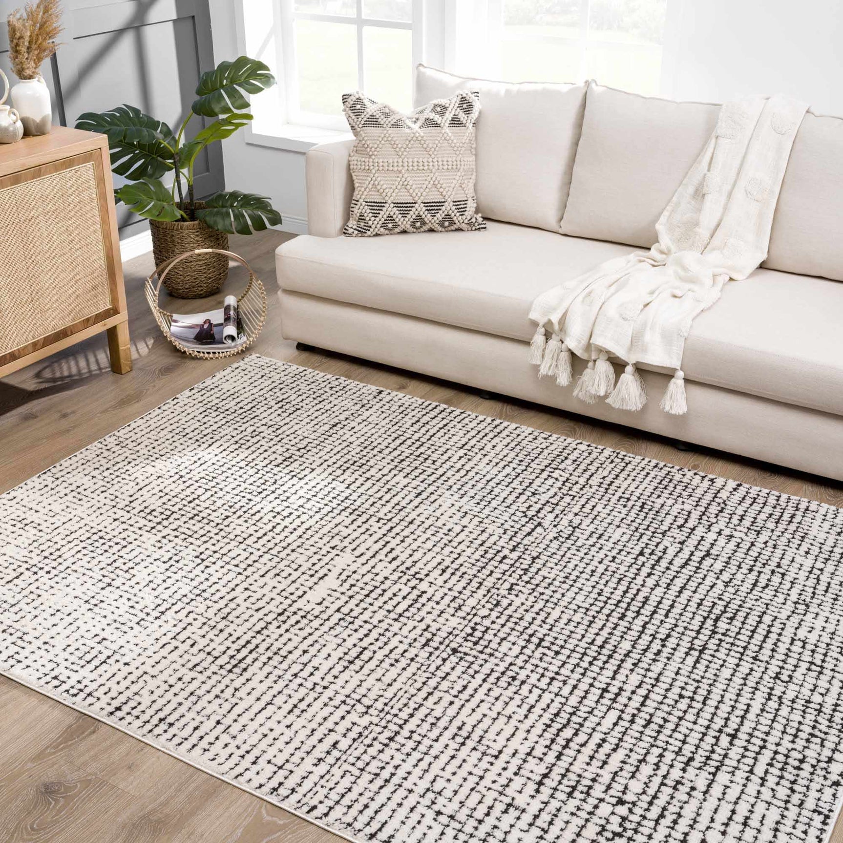 Keita Cream & Black Grid Plush Rug - Ornate Home
