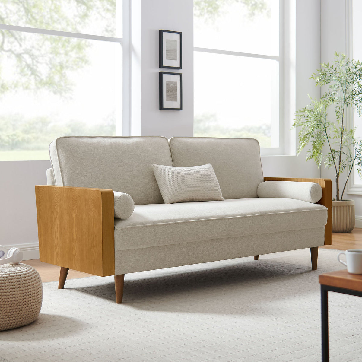 Kellan Walnut Weave Light Beige Heathered Fabric Upholstered Sofa - Ornate Home