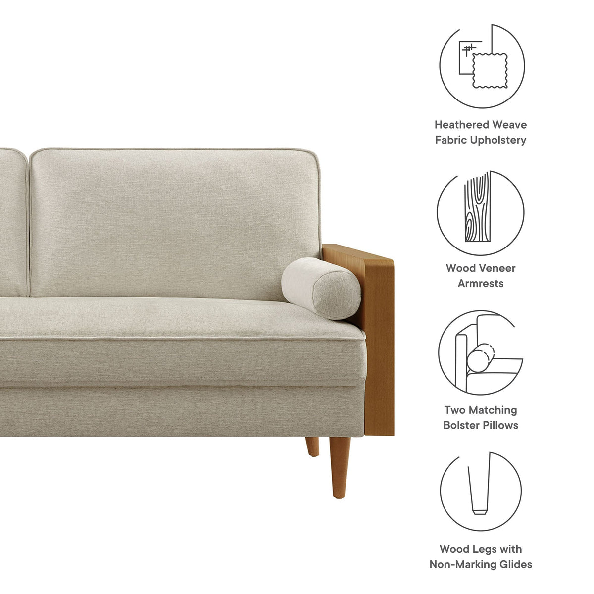 Kellan Walnut Weave Light Beige Heathered Fabric Upholstered Sofa - Ornate Home