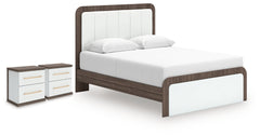 Kendanport Brown/White Queen Upholstered Bed and 2 Nightstands - Ornate Home