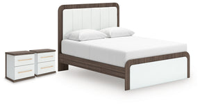 Kendanport Brown/White Queen Upholstered Bed and 2 Nightstands - Ornate Home