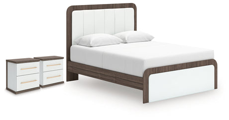 Kendanport Brown/White Queen Upholstered Bed and 2 Nightstands - Ornate Home