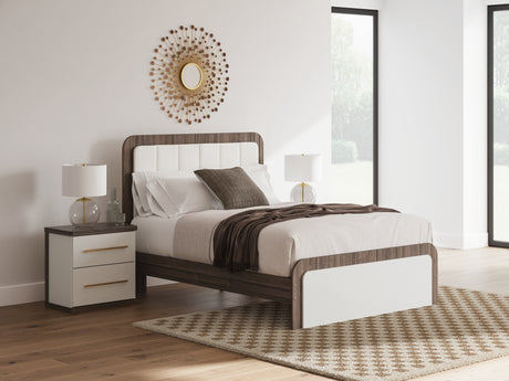 Kendanport Brown/White Queen Upholstered Bed and 2 Nightstands - Ornate Home