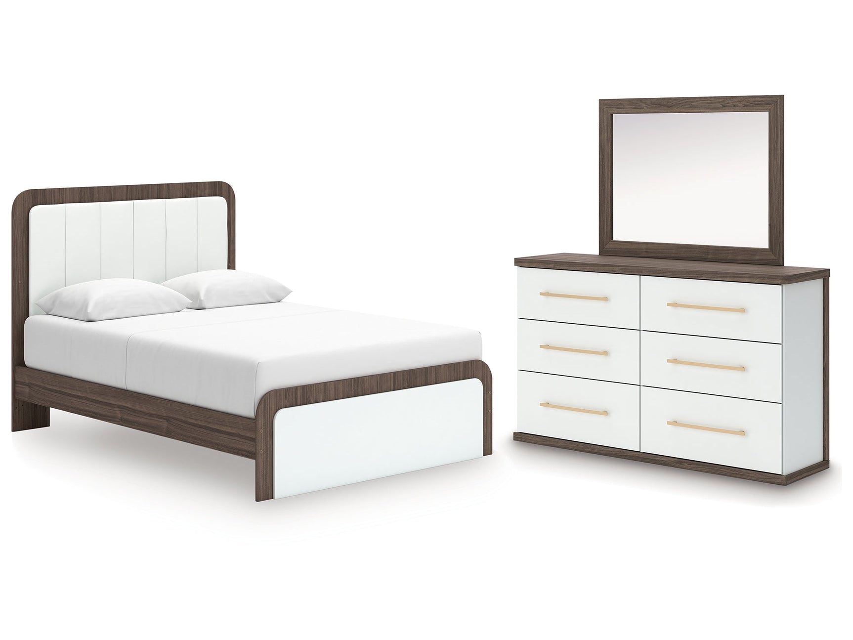 Kendanport Brown/White Queen Upholstered Platform Bed, Dresser and Mirror - Ornate Home