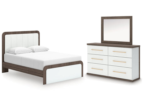 Kendanport Brown/White Queen Upholstered Platform Bed, Dresser and Mirror - Ornate Home