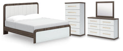 Kendanport White/Brown King Upholstered Bed, Dresser, Mirror and Chest - Ornate Home