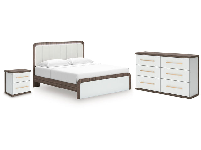 Kendanport White/Brown King Upholstered Bed, Dresser and Nightstand (Online Special Price) - Ornate Home