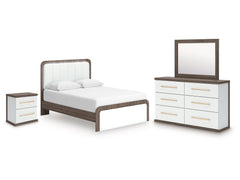 Kendanport White/Brown Queen Upholstered Bed, Dresser, Mirror and Nightstand - Ornate Home