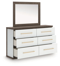 Kendanport White/Brown Queen Upholstered Bed, Dresser, Mirror and Nightstand - Ornate Home