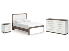 Kendanport White/Brown Queen Upholstered Bed, Dresser and Nightstand - Ornate Home