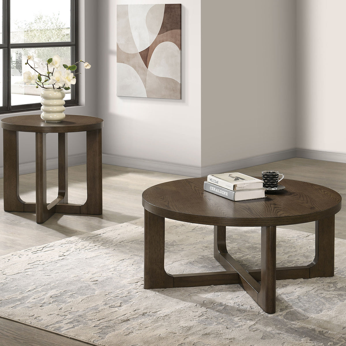 Coaster Kessler Brown 2-piece Round Sculptural Wood Coffee Table Set