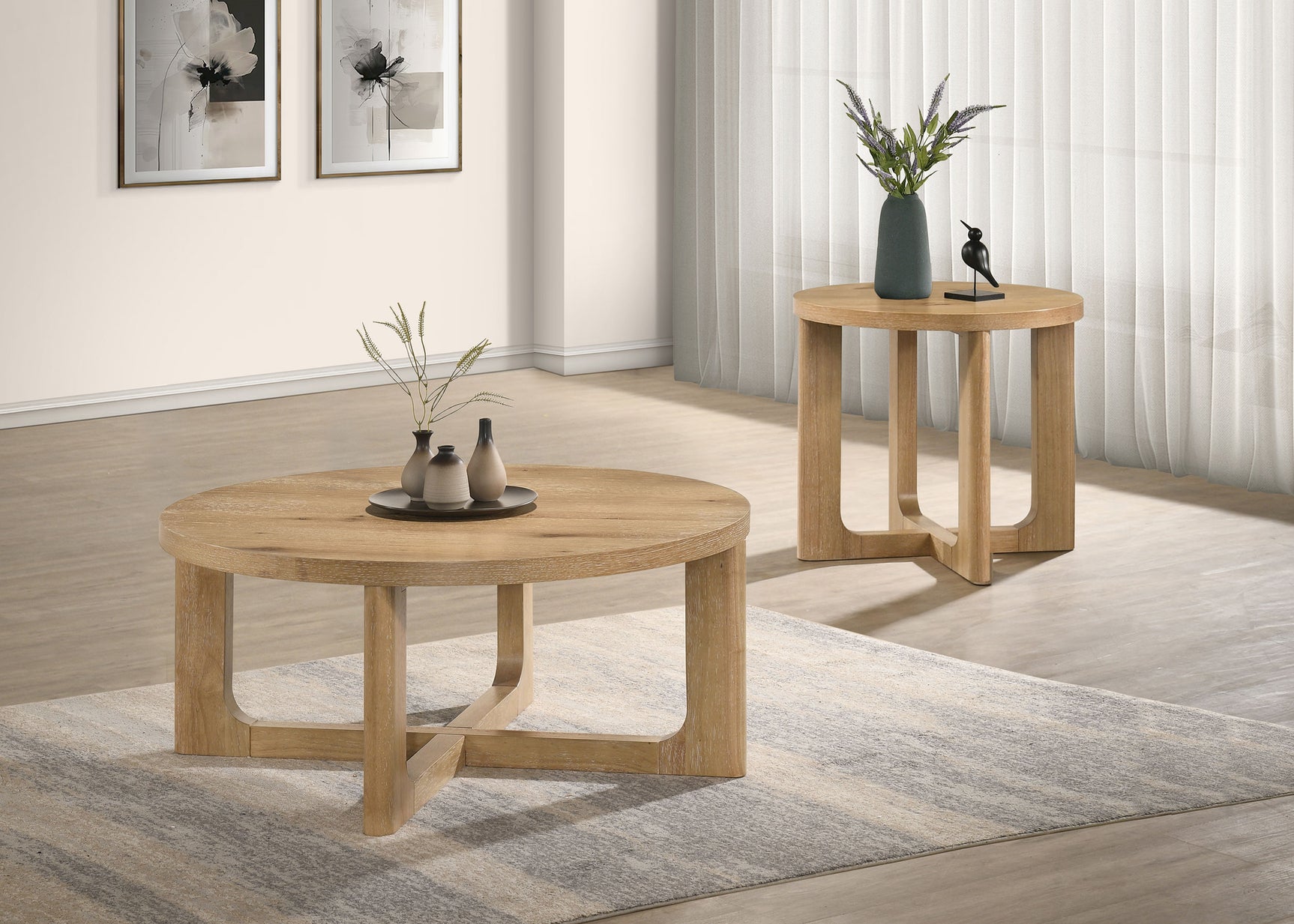 Kessler Light Oak 2-piece Round Sculptural Wood Coffee Table Set - Ornate Home