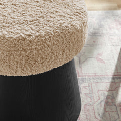 Ketra Oatmeal/Black Round Faux Shearling Ottoman Footstool - Ornate Home