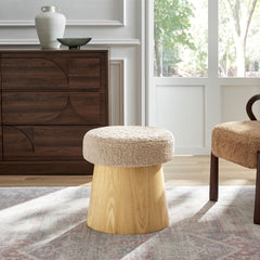 Ketra Oatmeal/Oak Round Faux Shearling Ottoman Footstool - Ornate Home