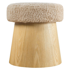 Ketra Oatmeal/Oak Round Faux Shearling Ottoman Footstool - Ornate Home