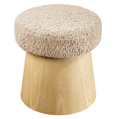 Ketra Oatmeal/Oak Round Faux Shearling Ottoman Footstool - Ornate Home