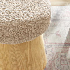 Ketra Oatmeal/Oak Round Faux Shearling Ottoman Footstool - Ornate Home