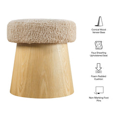 Ketra Oatmeal/Oak Round Faux Shearling Ottoman Footstool - Ornate Home