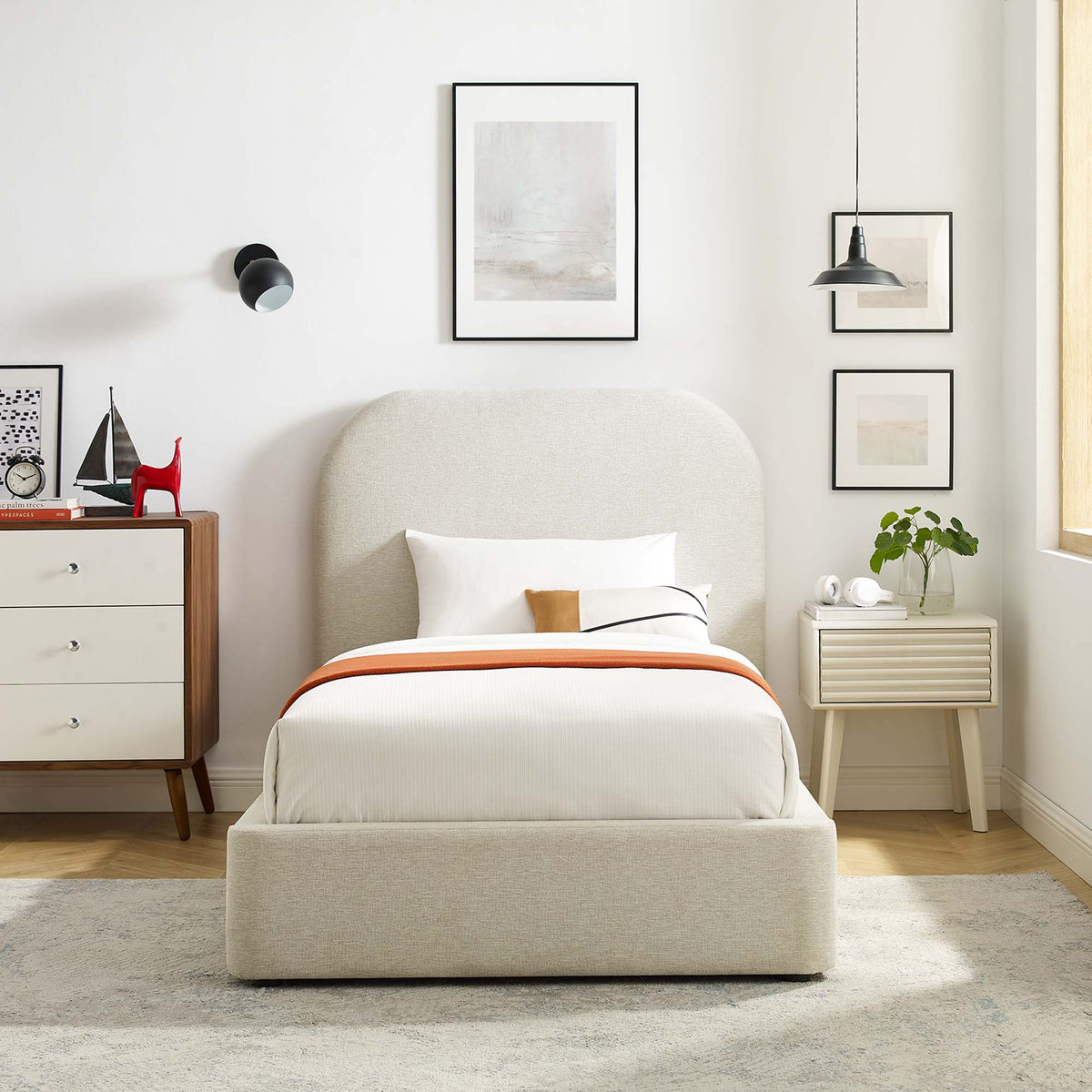 Keynote Heathered Weave Ivory Upholstered Fabric Curved Twin Platform Bed - Ornate Home