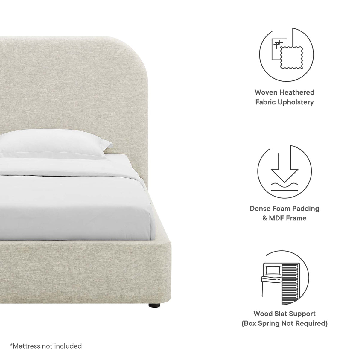 Keynote Heathered Weave Ivory Upholstered Fabric Curved Twin Platform Bed - Ornate Home