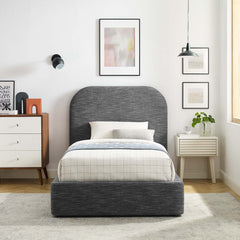 Keynote Heathered Weave Slate Upholstered Fabric Curved Twin Platform Bed - Ornate Home