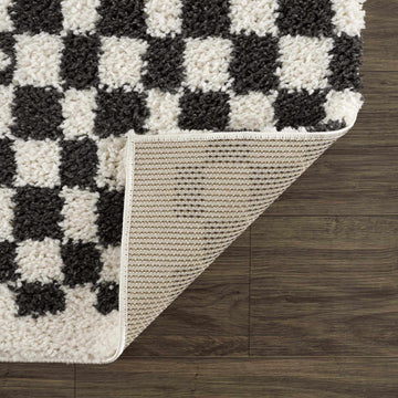 Kieu Black & White Checkered Shag Rug - Ornate Home