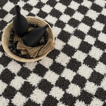 Kieu Black & White Checkered Shag Rug - Ornate Home