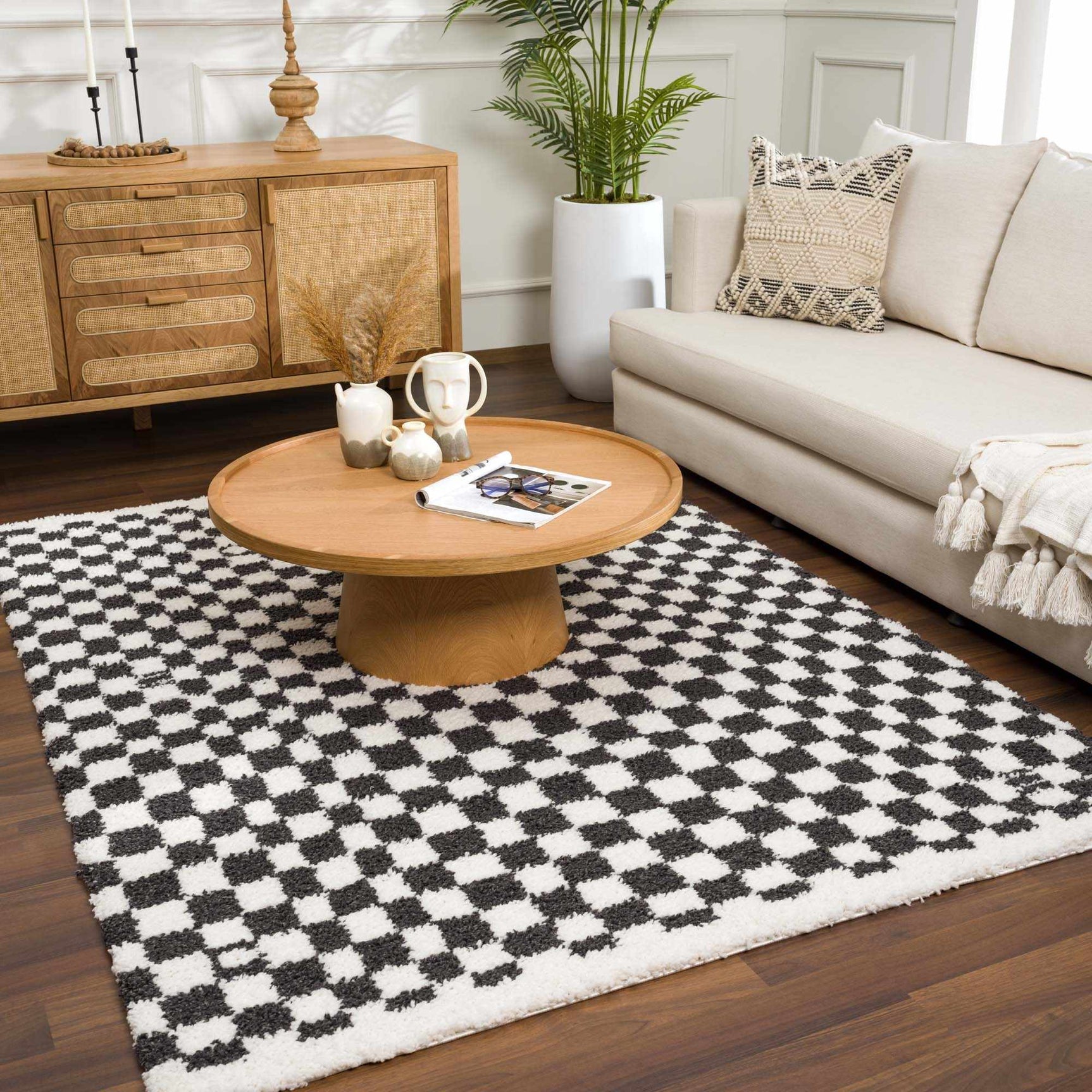 Kieu Black & White Checkered Shag Rug - Ornate Home
