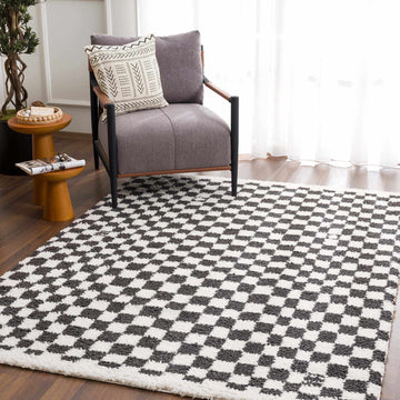 Kieu Black & White Checkered Shag Rug - Ornate Home