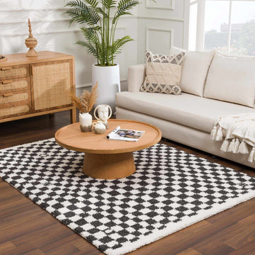 Kieu Black & White Checkered Shag Rug - Ornate Home