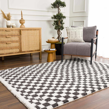 Kieu Black & White Checkered Shag Rug - Ornate Home
