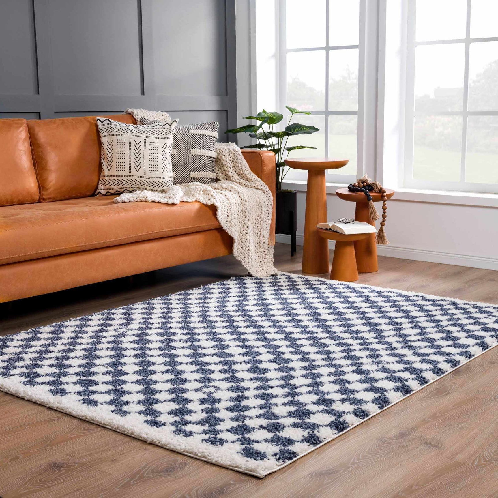 Kieu Blue & White Checkered Area Rug - Ornate Home