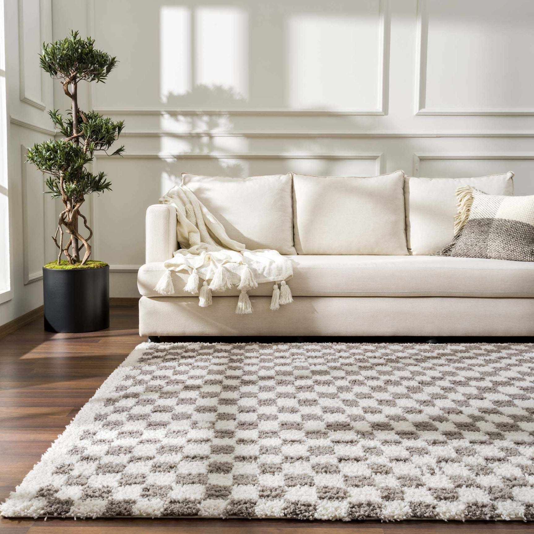 Kieu Taupe Checkered Plush Rug - Ornate Home