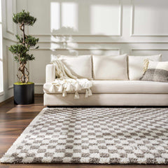 Kieu Taupe Checkered Plush Rug - Ornate Home