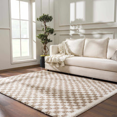 Kieu Taupe Checkered Shag Rug - Ornate Home