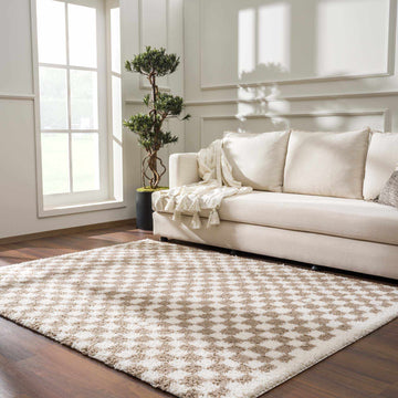 Kieu Taupe Checkered Shag Rug - Ornate Home
