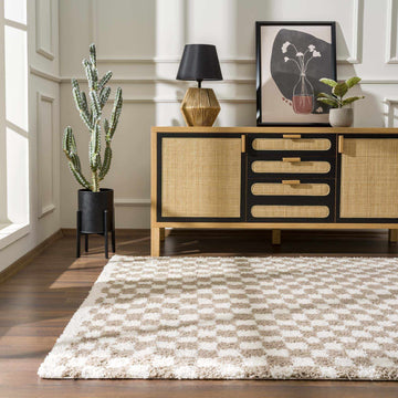 Kieu Taupe Checkered Shag Rug - Ornate Home