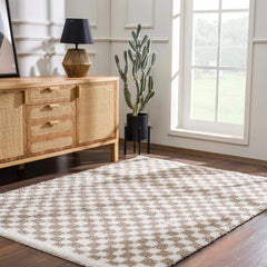 Kieu Taupe Checkered Shag Rug - Ornate Home