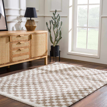 Kieu Taupe Checkered Shag Rug - Ornate Home