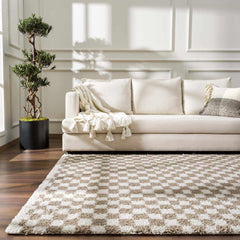 Kieu Taupe Checkered Shag Rug - Ornate Home