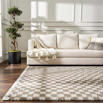 Kieu Taupe Checkered Shag Rug - Ornate Home