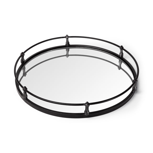 Kimbel Black Metal Mirrored Base Round Tray - Ornate Home
