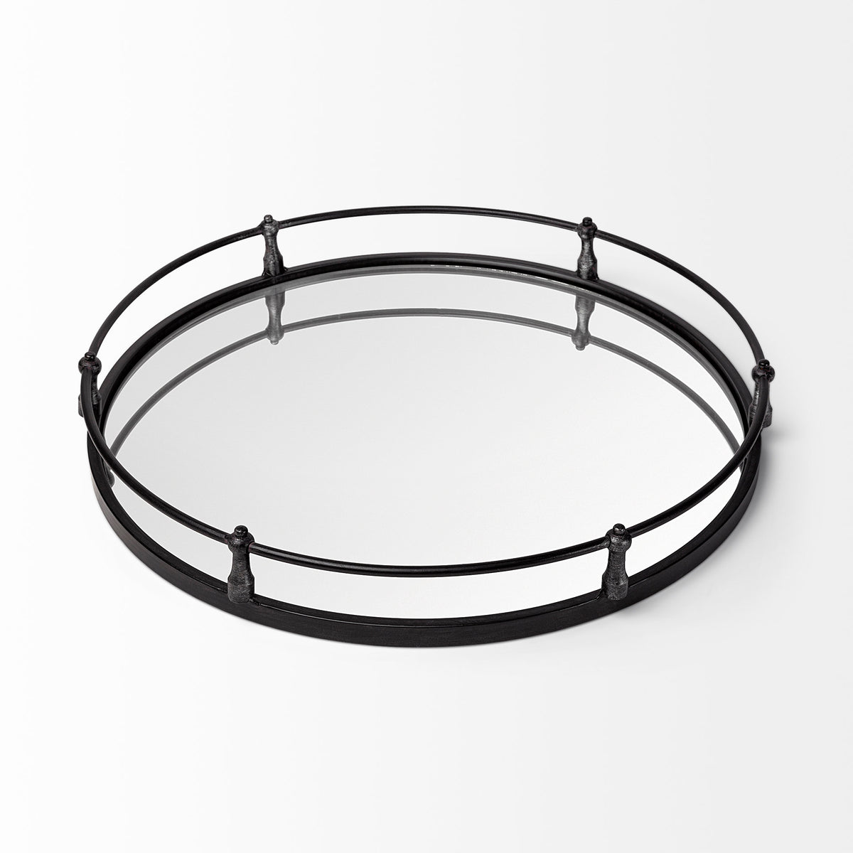 Kimbel Black Metal Mirrored Base Round Tray - Ornate Home
