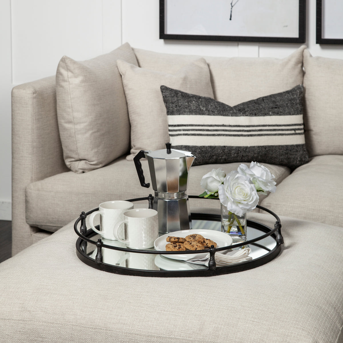 Kimbel Black Metal Mirrored Base Round Tray - Ornate Home