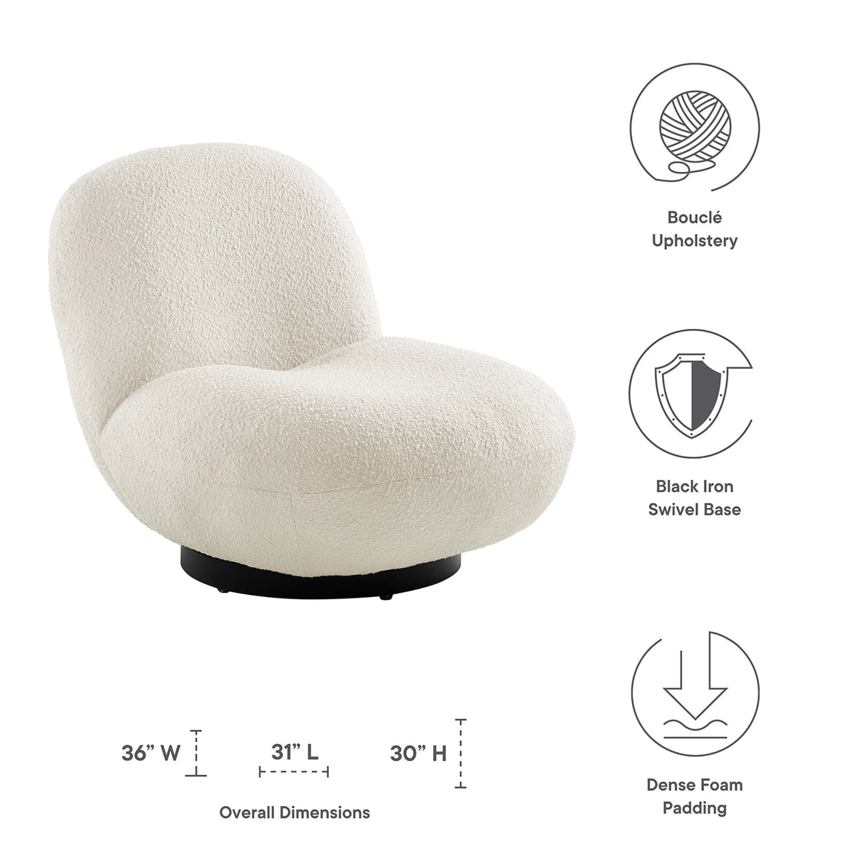 Kindred Black/Ivory Boucle Upholstered Fabric Swivel Chair - Ornate Home