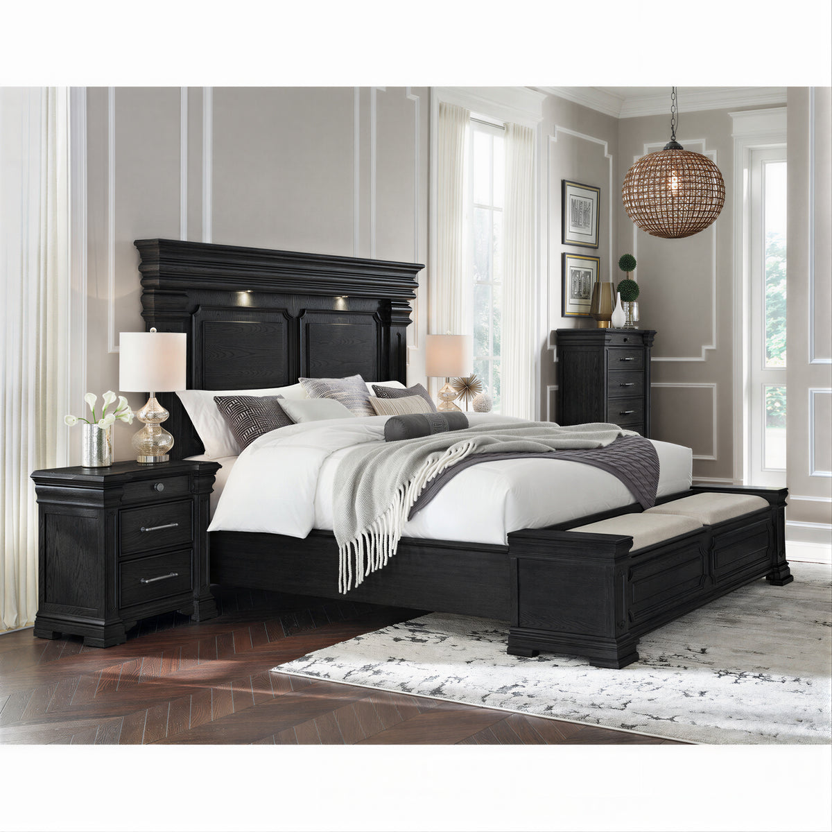 Kings Court Black 4-Piece King Storage Bedroom Set with 2 Nightstands & Chest - Ornate Home