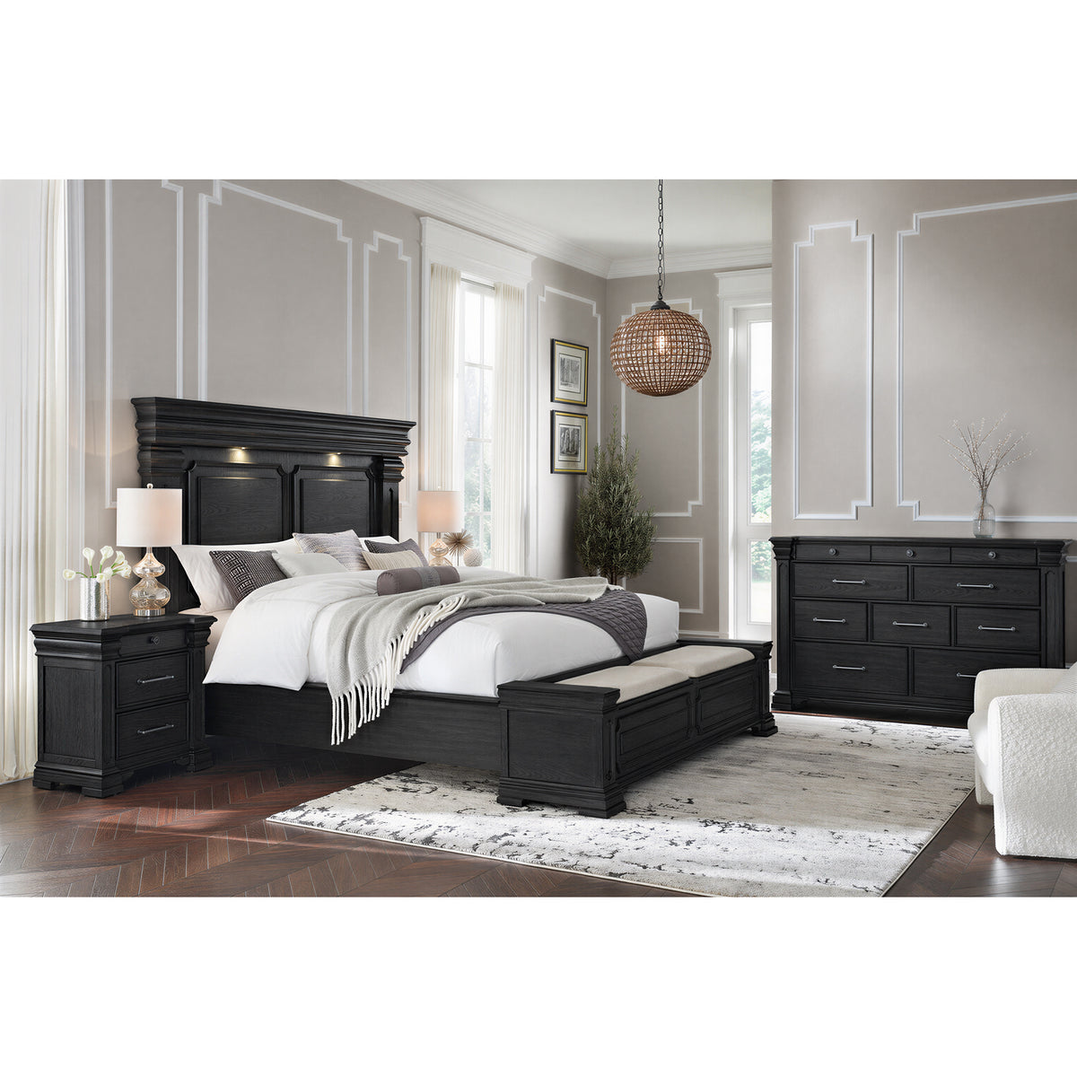 Kings Court Black 4-Piece King Storage Bedroom Set with 2 Nightstands & Dresser - Ornate Home