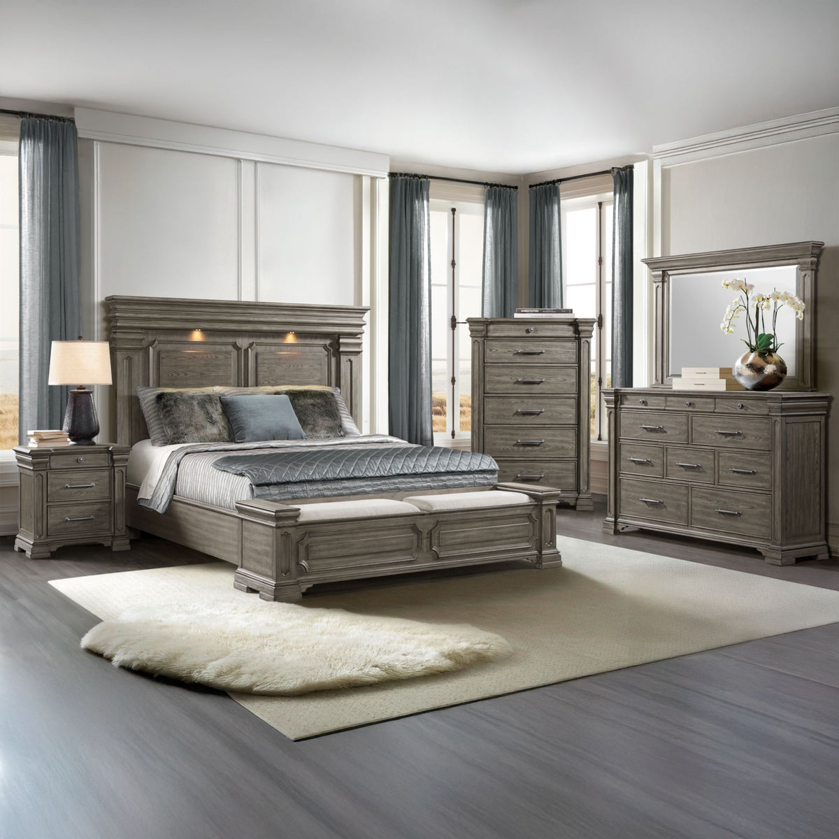 Kings Court Grey 5-Piece King Storage Bedroom Set - Ornate Home