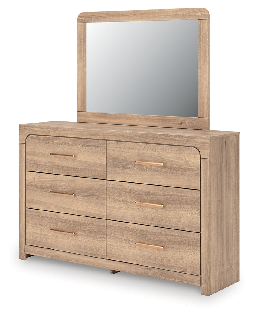 Kinlanni Tan/Brown Queen Upholstered Panel Bed, Dresser and Mirror (Online Special Price) - Ornate Home